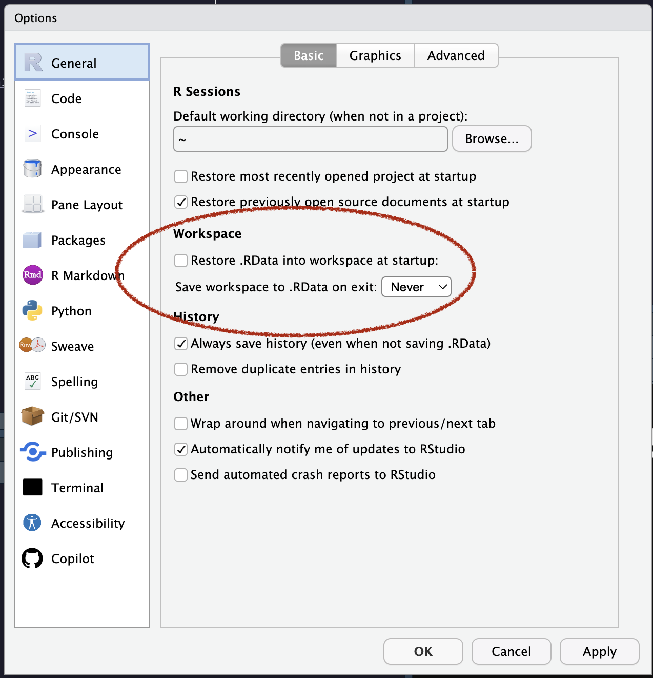 Recommended RStudio settings